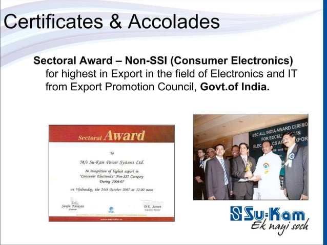 Su-Kam Sectoral Export Award certificate from the Electronics and Computer Software Export Promotion Council Ministry of Commerce Government of India for highest exports in the Consumer Electronics category