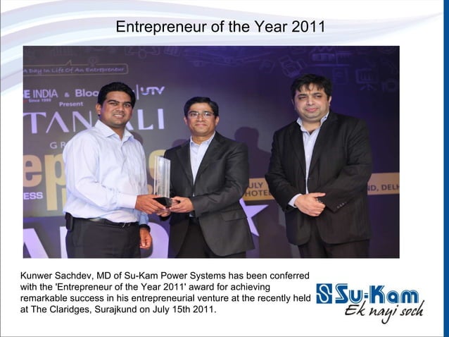 Kunwer Sachdev with the Entrepreneur of the Year trophy conferred at The Claridges Surajkund recognising his work building Su-Kam Power Systems