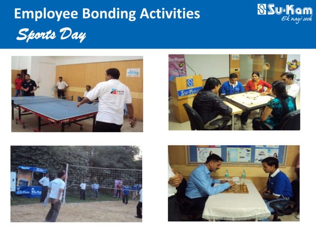 Su-Kam Sports Day photographs of employees playing table tennis, carrom, volleyball and chess across four panels