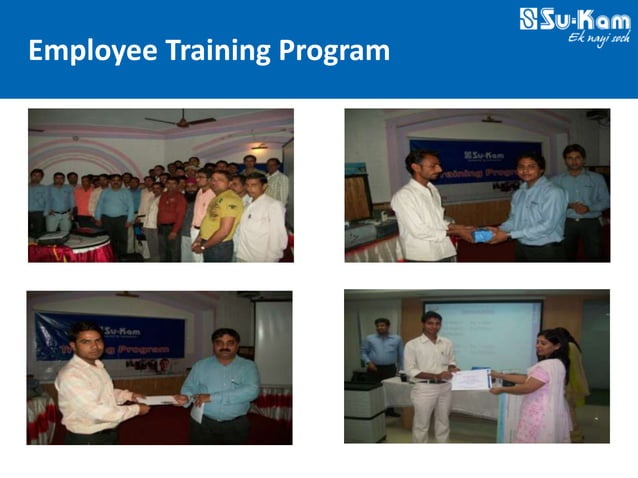 Su-Kam Employee Training Programme classroom photographs showing certificate handouts and training program banner