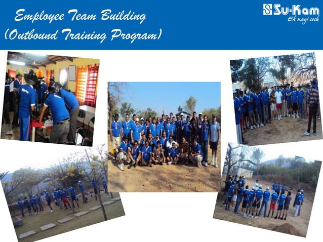Su-Kam Employee Team Building Outbound Training Programme with employees in blue Su-Kam T-shirts at an outdoor camp