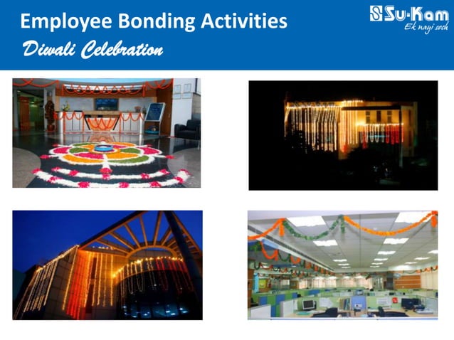Su-Kam Diwali Celebration with elaborate rangoli, garlands, lights and decorated office reception